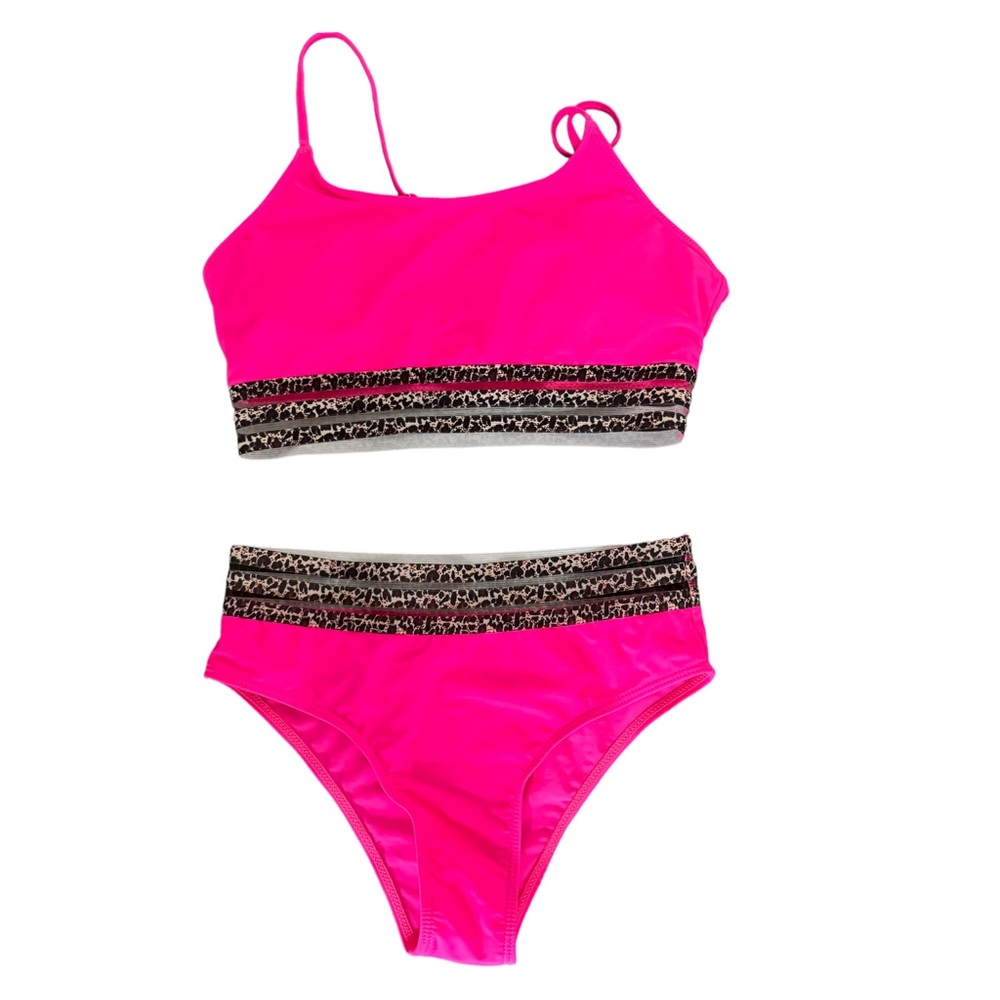 Women's Bikini Set Hot Pink Contrast‎ Leopard Mesh Trim 2 Piece Size Medium
